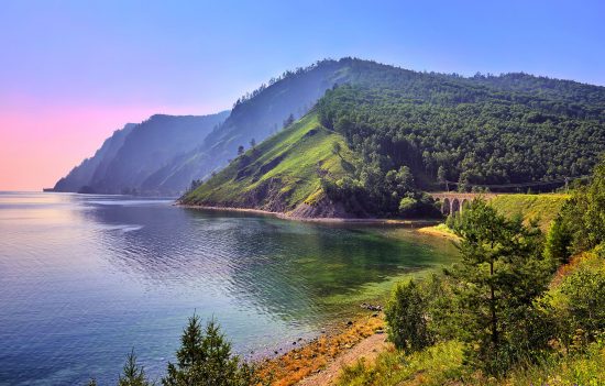 Baikal landscape with an old railway bridge. Circum-Baikal Railway. Eastern Siberia. Russia